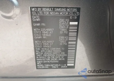 2020 Nissan Rogue Sv Intelligent Awd z USA, uszkodzony, nr VIN KNMAT2MV9LP525552